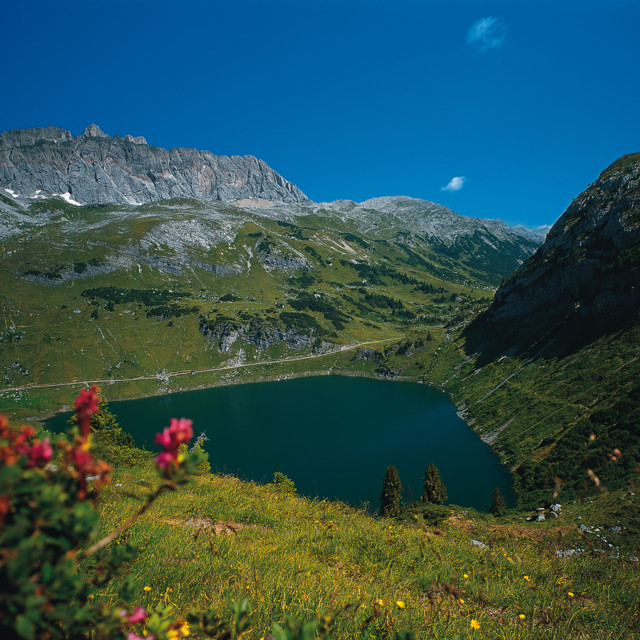 mountain lake Formarinsee with Rote Wand mountain 