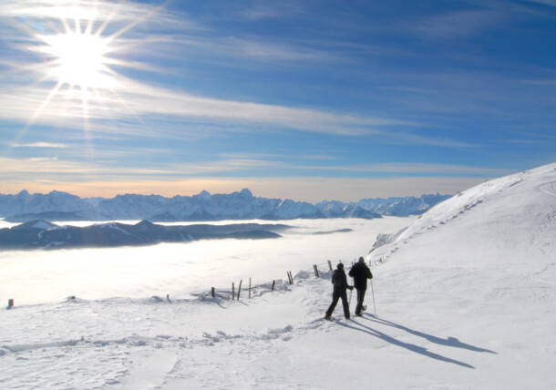     Snowshoe hiking through nature park Dobratsch 
