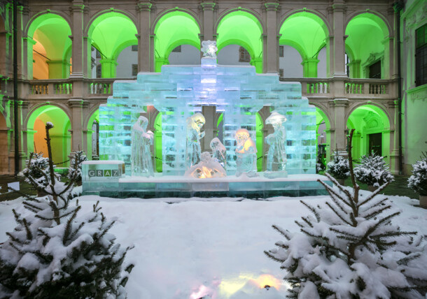 Ice nativity scene in the Landhaus courtyard in Graz